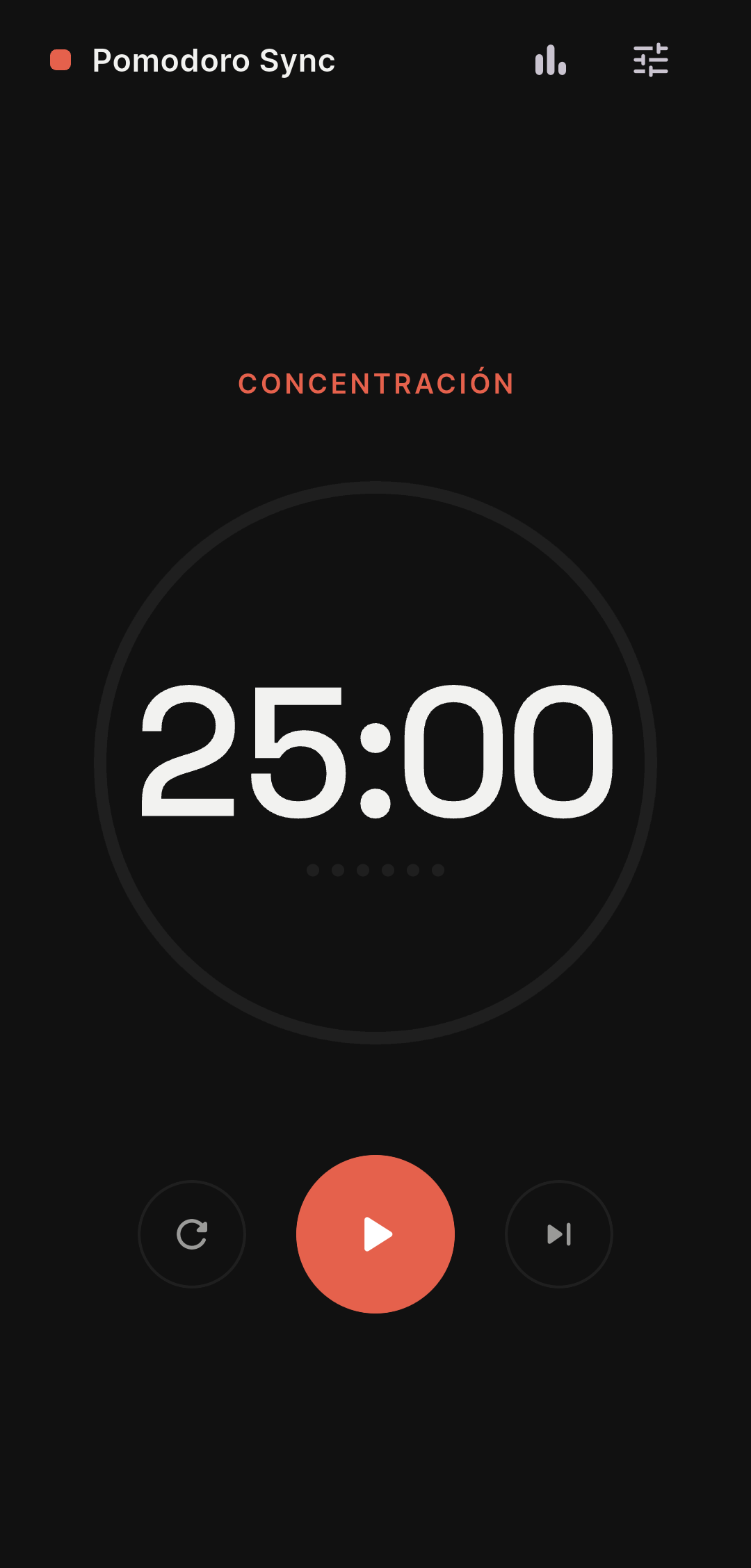 Pantalla principal del cronómetro, fase de concentración