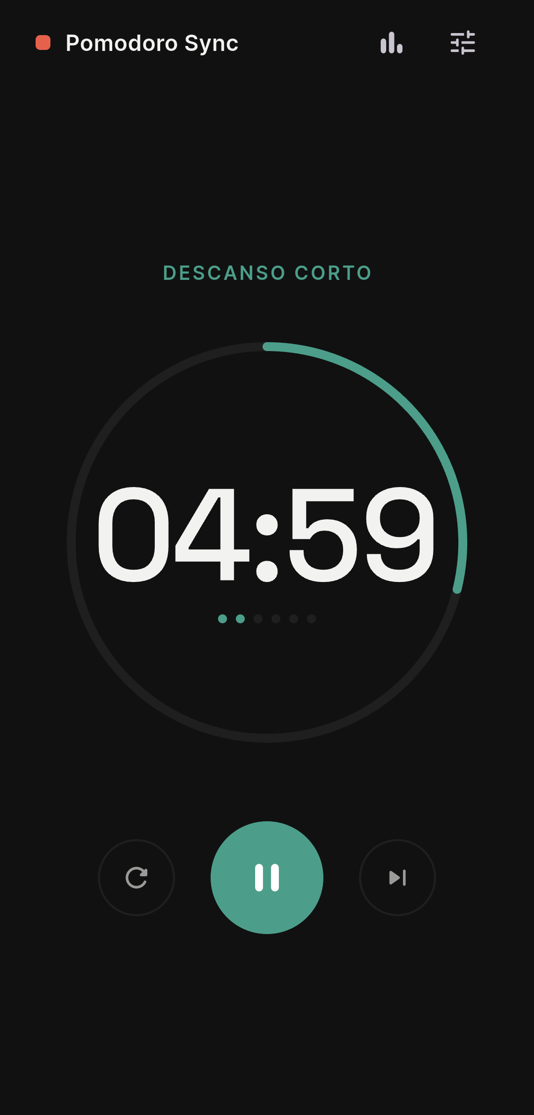 Pantalla principal del cronómetro, fase de descanso