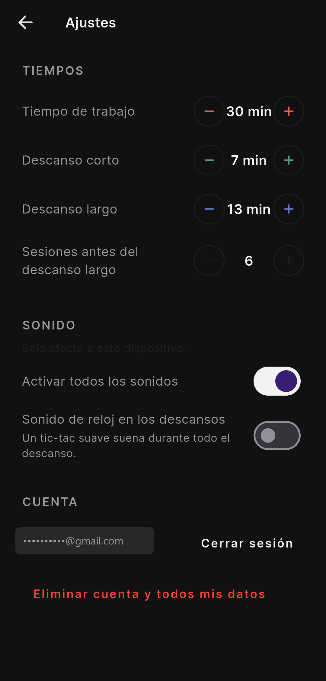Pantalla de ajustes